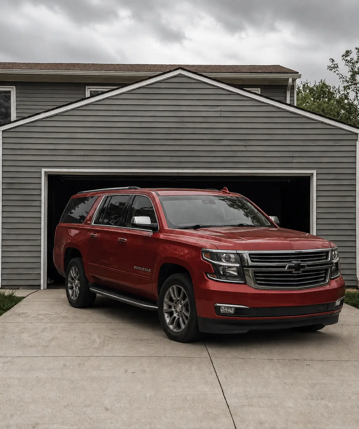 A red Chevrolet Suburban backed into a residential driveway with the garage door open behind it.